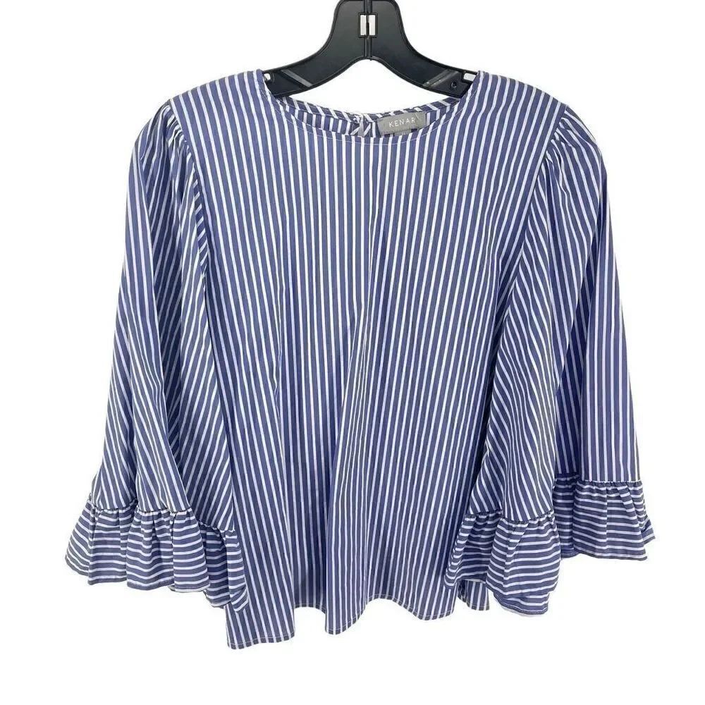 Kenar Women's Bell Sleeve Top Blouse Striped Ruffled Shirt Career Blue Medium
